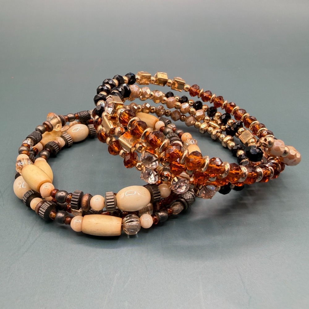 Beaded Bracelet Lot of 2 Black Cream Amber & Gold Tone Multi Strand Boho Vintage